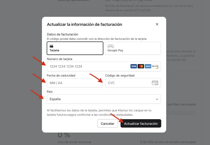 Formulario de Klaviyo para actualizar los datos de la tarjeta