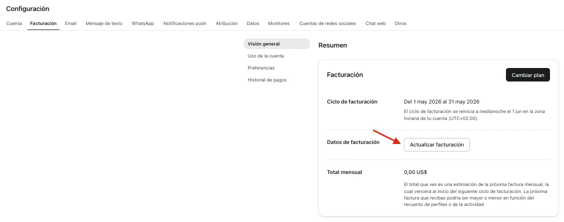 Panel anterior de facturación de Klaviyo con Actualizar facturación