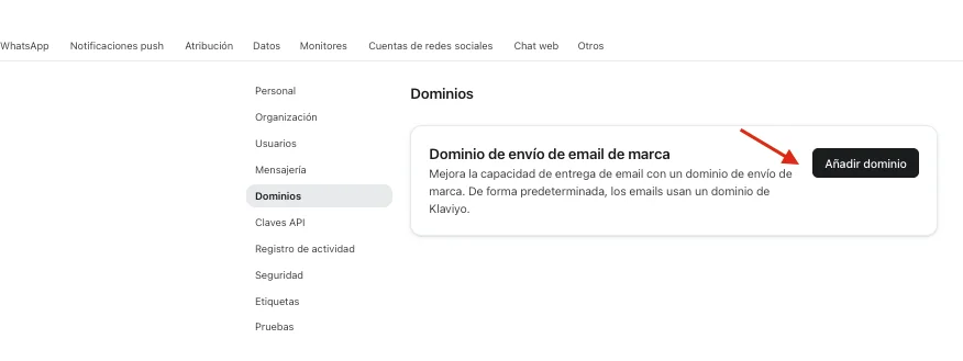 Apartado Dominios de Klaviyo con el botón Añadir dominio