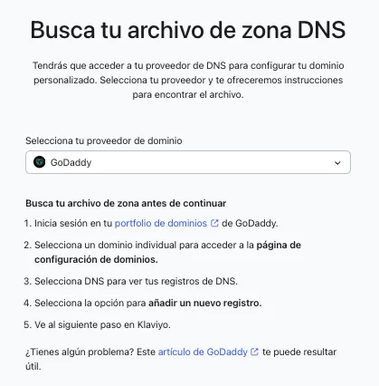 Selección del proveedor DNS en el asistente de Klaviyo