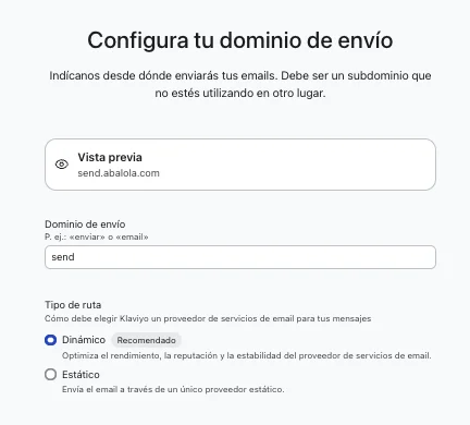 Configuración del subdominio de envío y del tipo de ruta