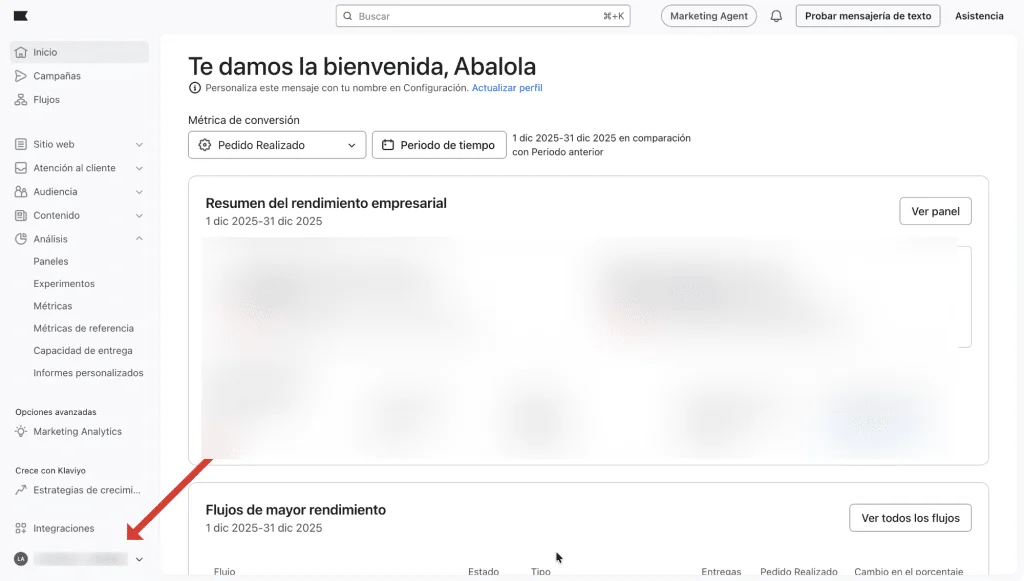 Abre la configuración de tu cuenta en Klaviyo