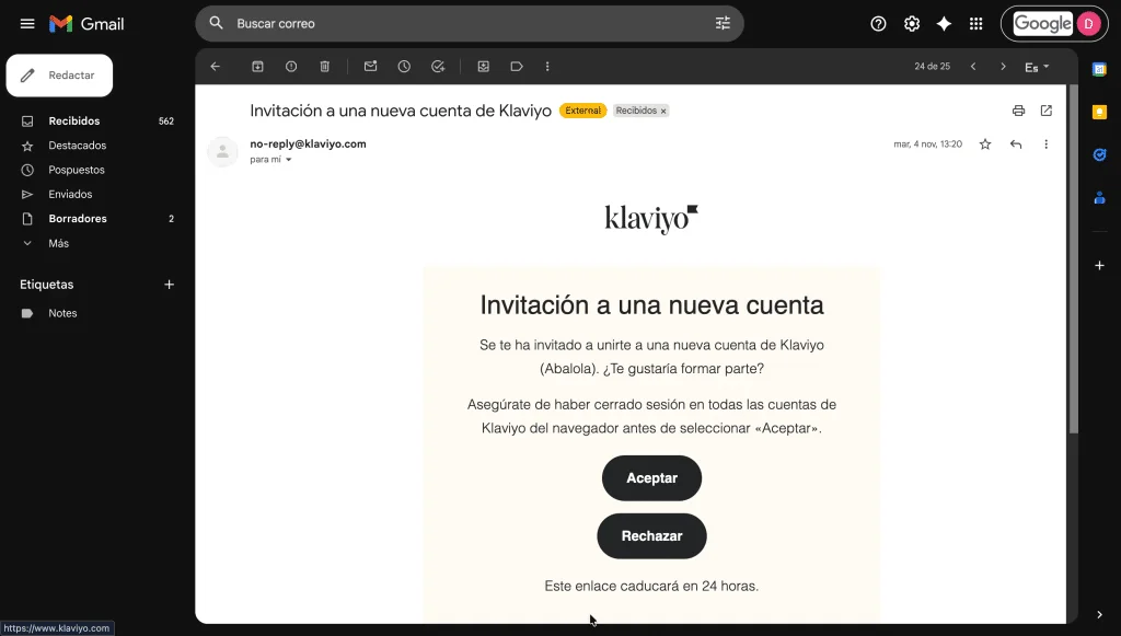 Acepta el email y comprueba el acceso en Klaviyo