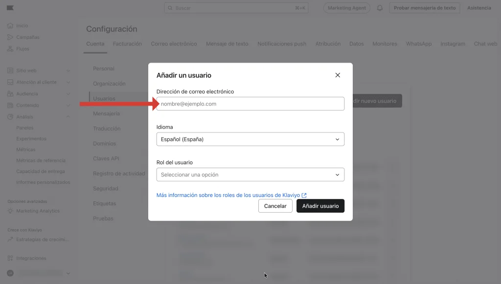 Escribe el email y elige el idioma en Klaviyo