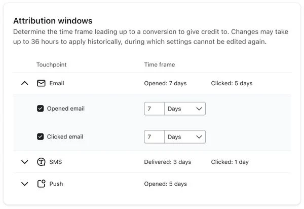 Klaviyo-Einstellungen für Attributionsfenster bei E-Mail-Öffnungen und Klicks sowie weiteren Kanälen