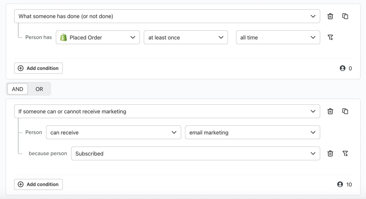 Klaviyo segment with purchase and email subscription conditions joined by AND