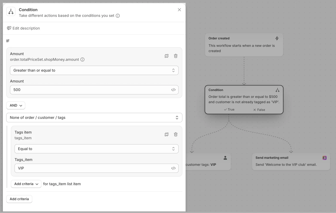 Shopify-Flow-Editor mit Bedingungen zur Bestellung und zum VIP-Tag vor einer E-Mail-Aktion