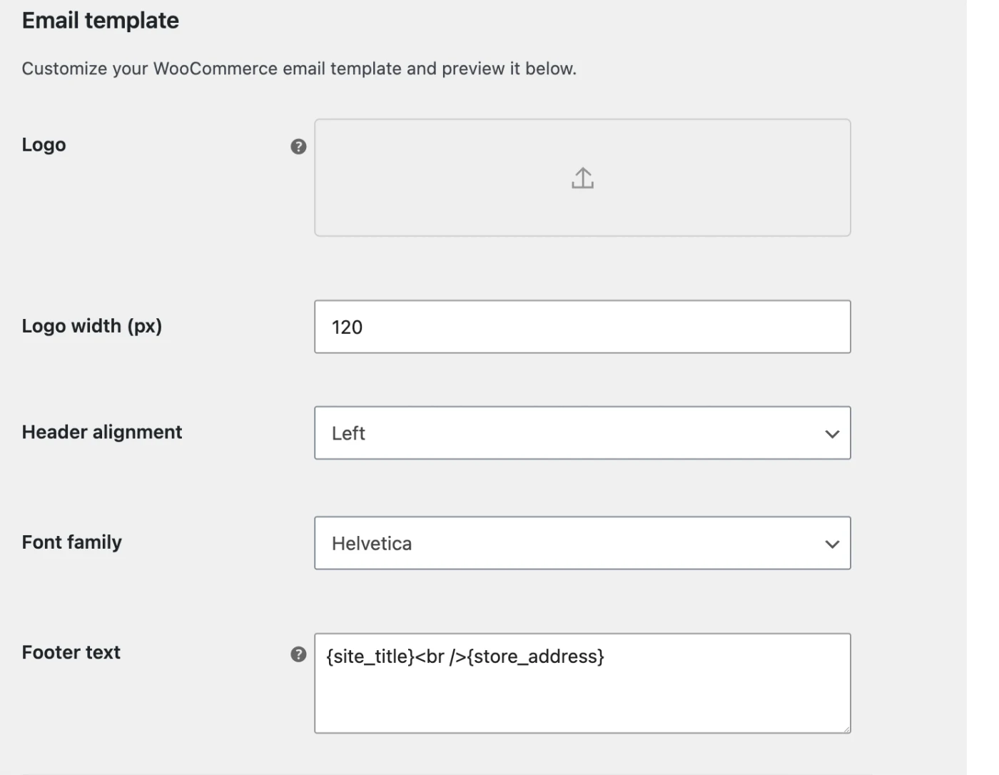 WooCommerce-instellingen voor het aanpassen van het logo, de uitlijning, het lettertype en de voettekst van e-mails